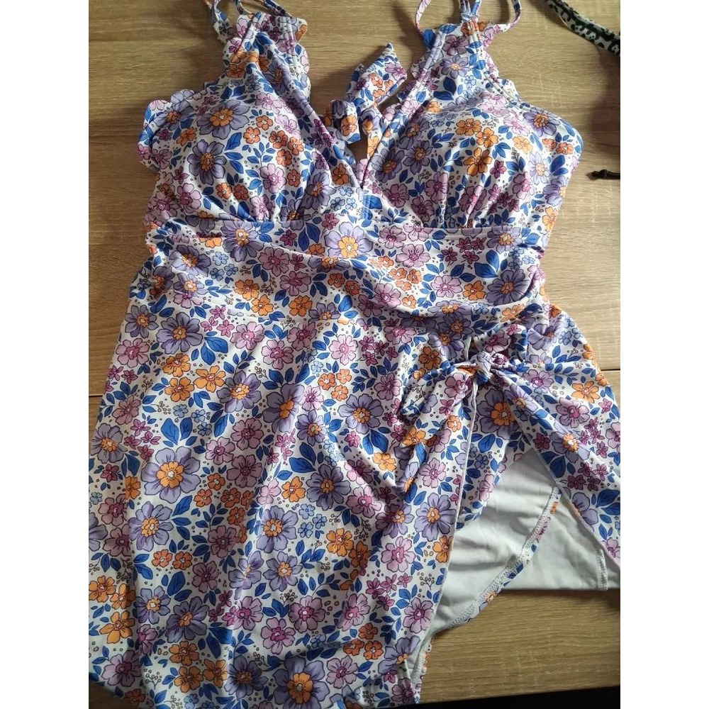 Charmo Womens Floral Wrap One Piece Swimsuit UPF 50+ Purple Orange Blue XL NWT
